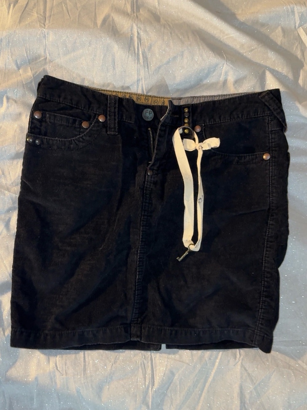 Free People Black Corduroy Mini Skirt with White Tie